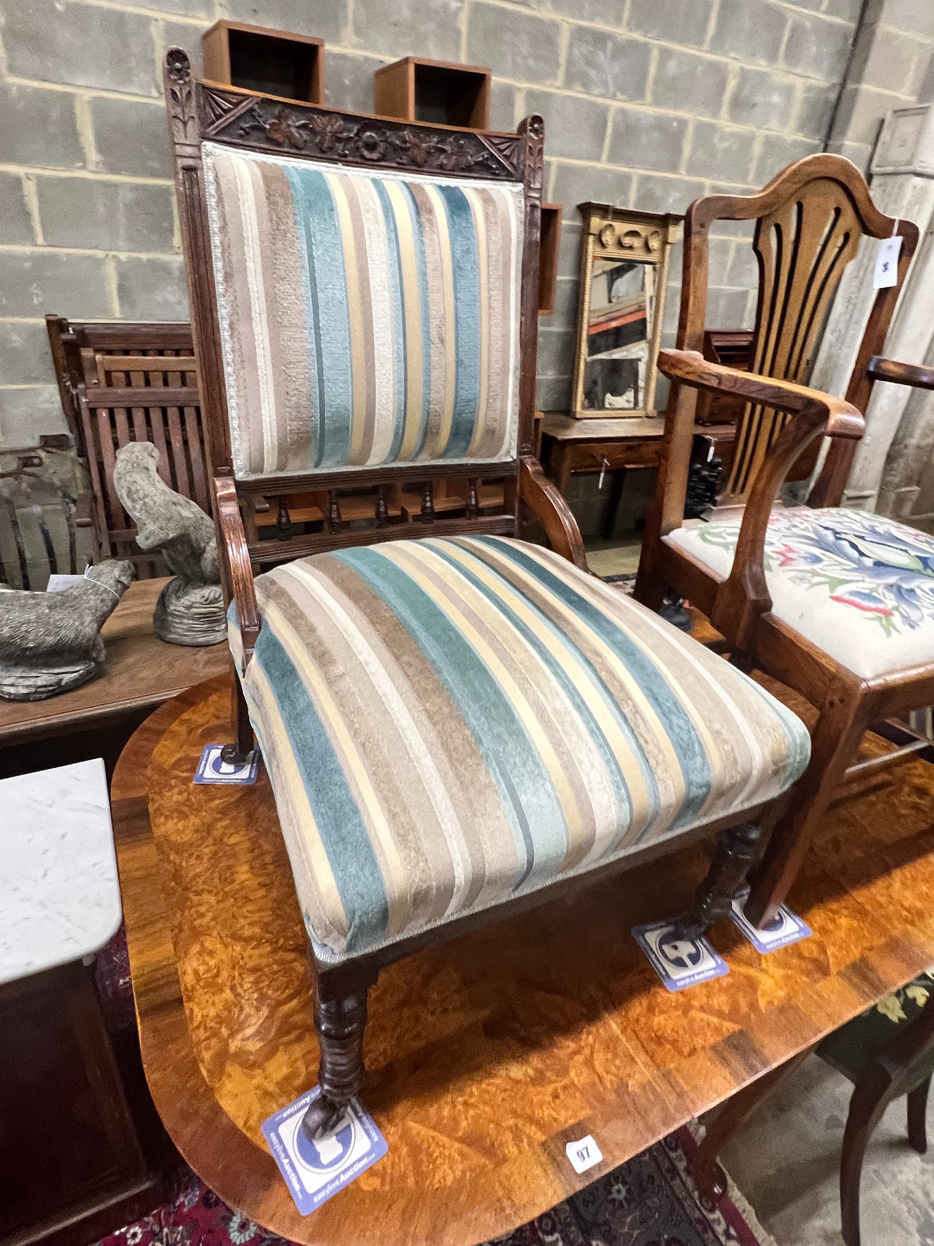 A George III Provincial elm elbow chair, a Victorian nursing chair, and a dining chair